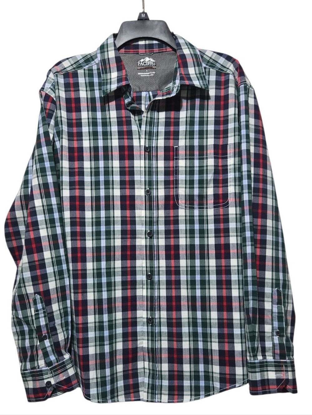 Pacific Outfitters Active Stretch Men's Red Green Plaid Button-Down Shirt Large